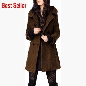 Wool Pea Coat with Hood Double Breasted Trench Coat